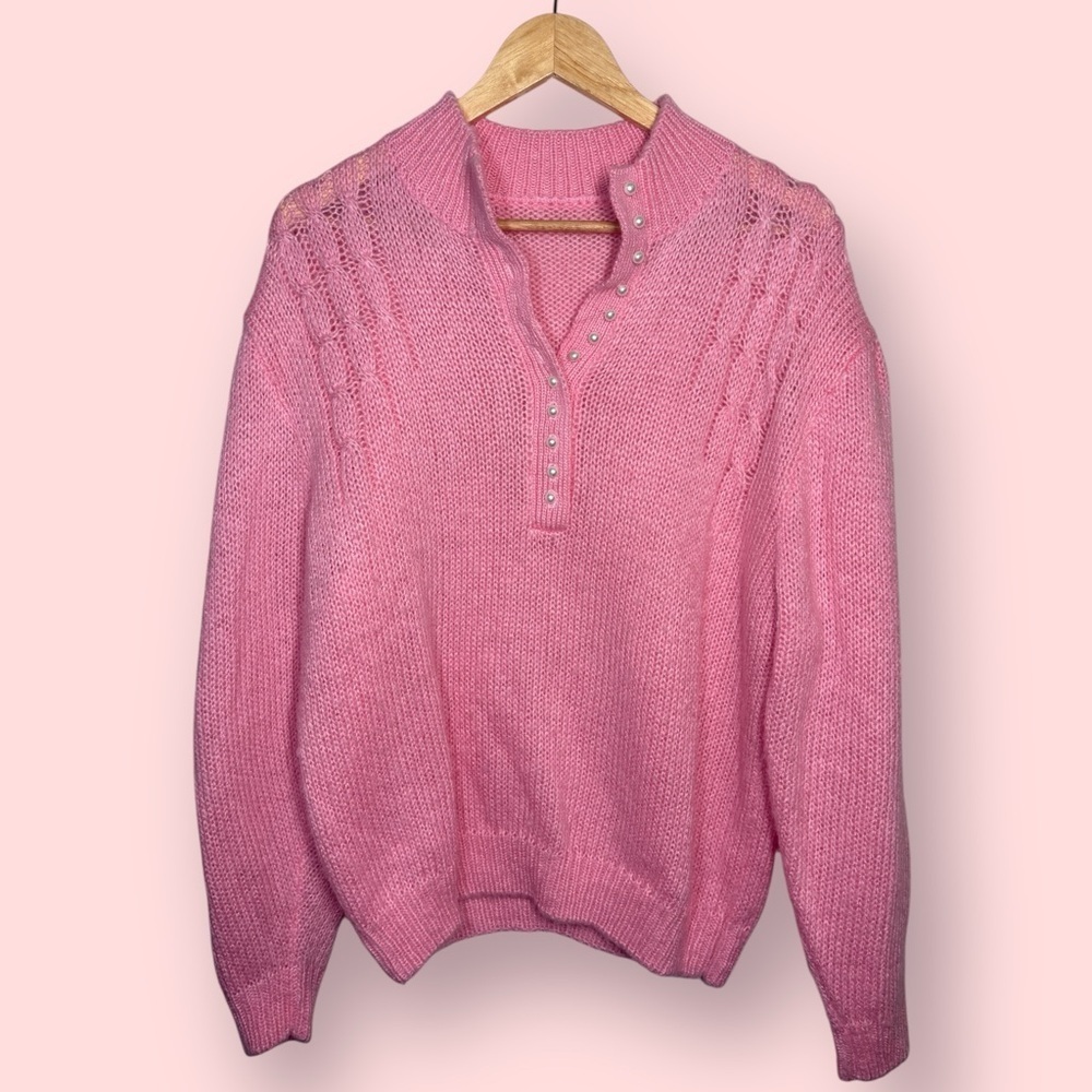 Vintage Pink Bubblegum Knit Bubble Sleeve Mock Neck Sweater 🍬